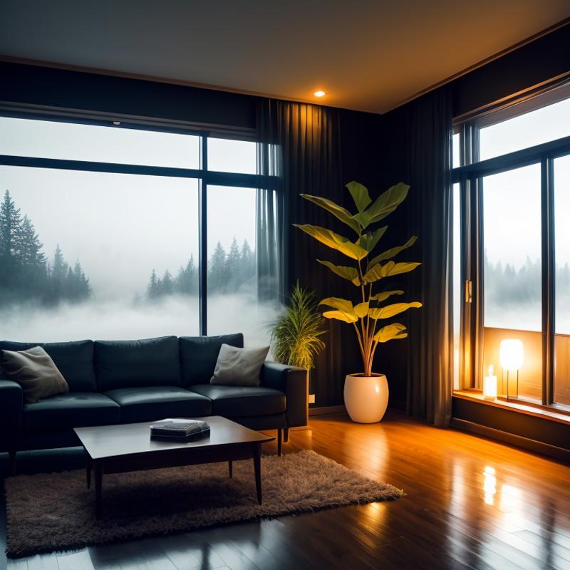 389046-3436947468-midcentury modern living room dimly lit with dark rainy evening outside, (foggy rainy evening_1.2), pacific northwest, (dim ligh.png